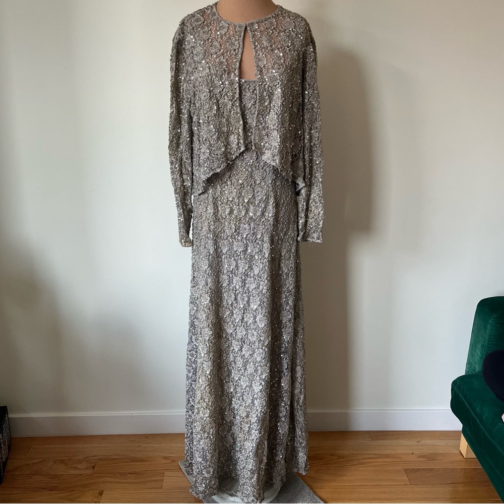 Cassandra Stone Vintage Beaded Lace Sequin Grey Formal Dress Jacket Set Size 10